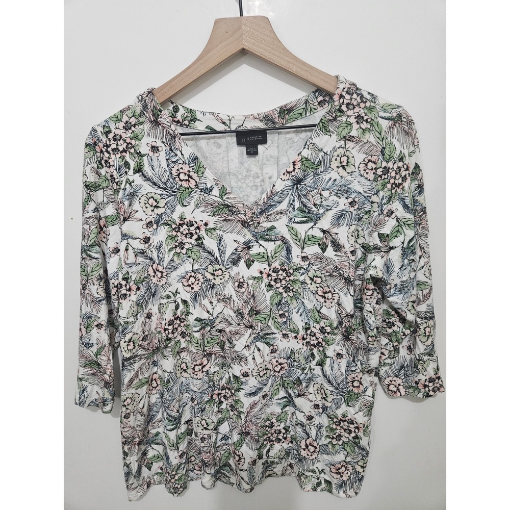J. Jill‎ Wearever Floral V-Neck 3/4 Sleeve Top White Pink Green Medium KTP238001
